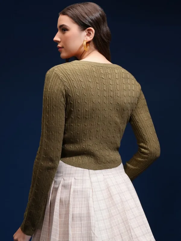 Tokyo Talkies Women Green Round Neck Sweater