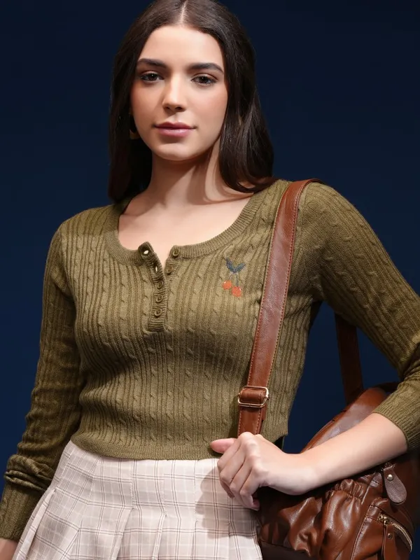 Tokyo Talkies Women Green Round Neck Sweater