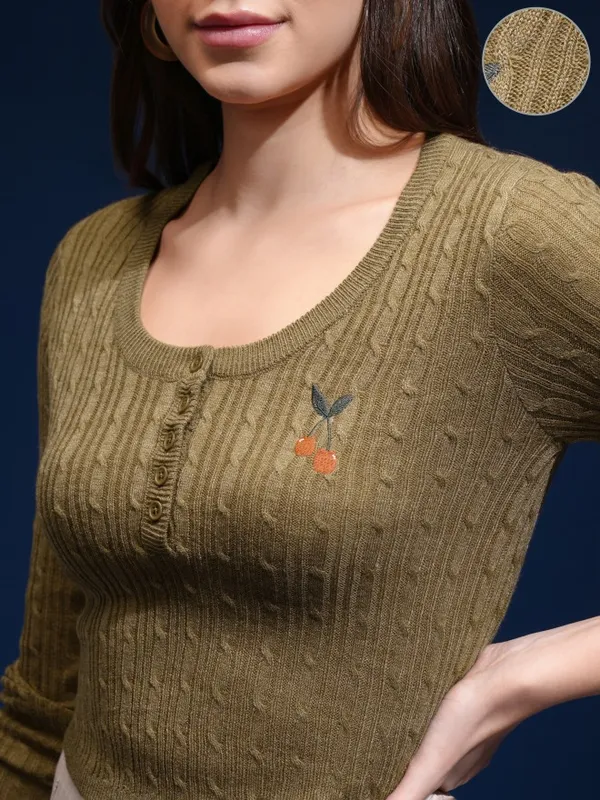 Tokyo Talkies Women Green Round Neck Sweater