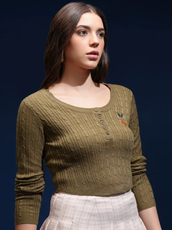 Tokyo Talkies Women Green Round Neck Sweater