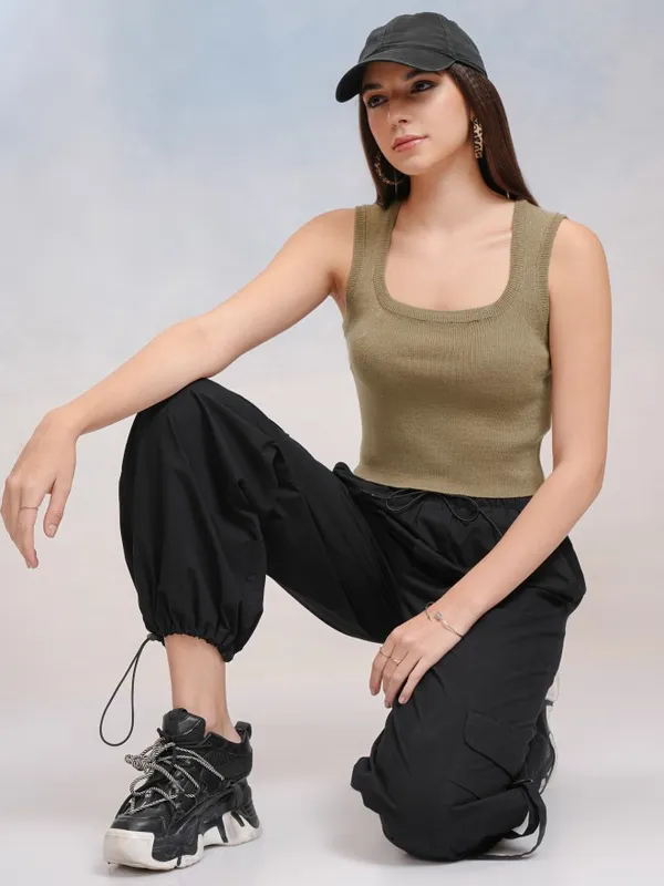 Tokyo Talkies Women Green Round Neck Sweater