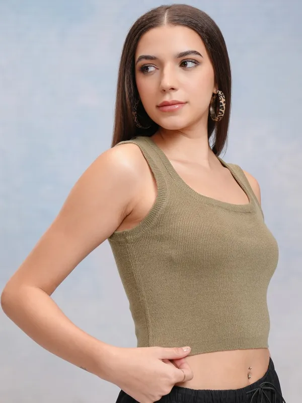 Tokyo Talkies Women Green Round Neck Sweater