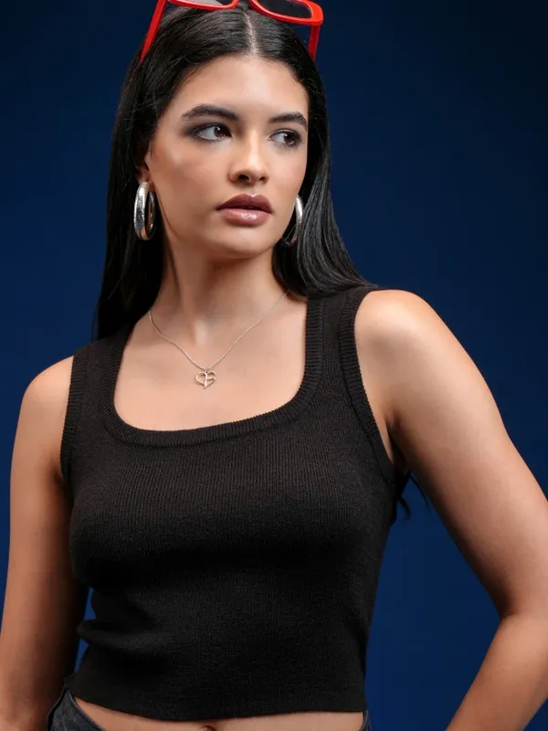 Tokyo Talkies Women Black Round Neck Sweater