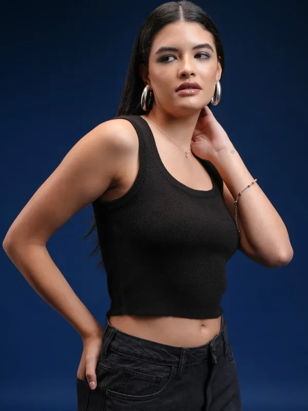 Tokyo Talkies Women Black Round Neck Sweater