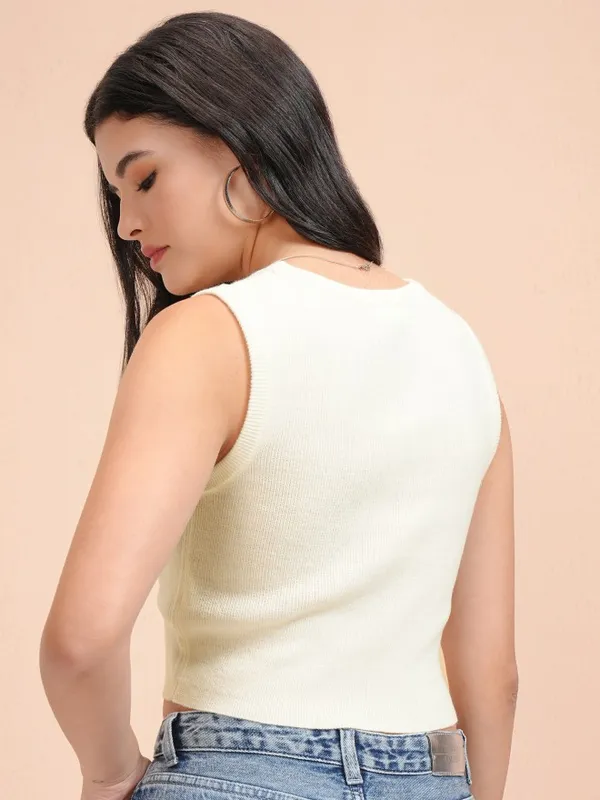 Tokyo Talkies Women White Round Neck Pullover Sweater