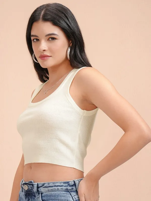 Tokyo Talkies Women White Round Neck Pullover Sweater