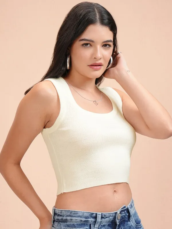 Tokyo Talkies Women White Round Neck Pullover Sweater