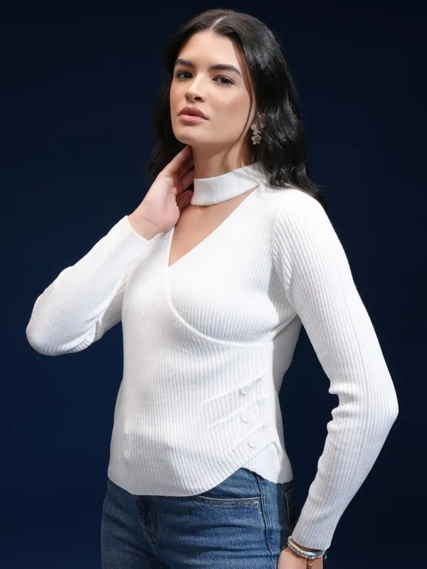 Tokyo Talkies Women White V-Neck Sweater