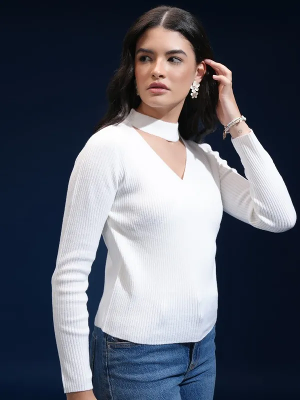 Tokyo Talkies Women White V-Neck Sweater