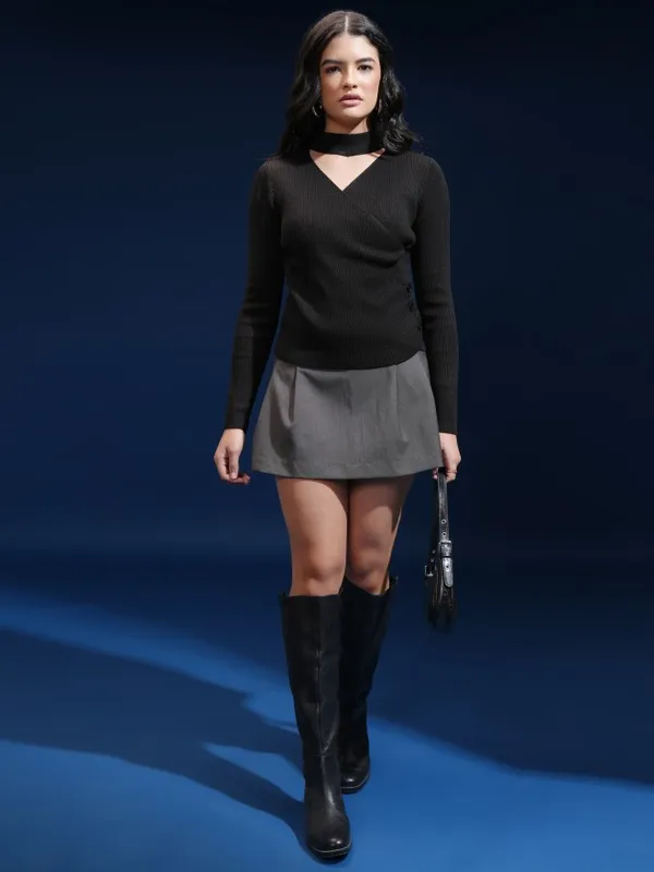 Tokyo Talkies Women Black Shawl Collar Sweater