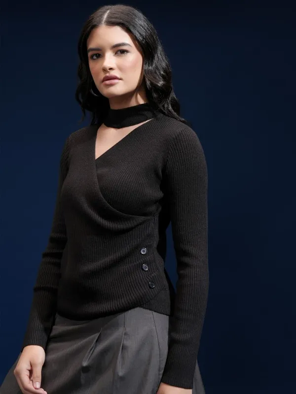Tokyo Talkies Women Black Shawl Collar Sweater