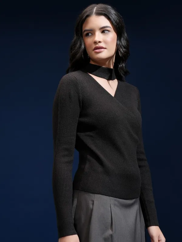 Tokyo Talkies Women Black Shawl Collar Sweater