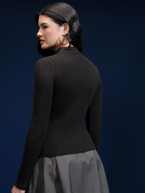 Tokyo Talkies Women Black Shawl Neck Sweater