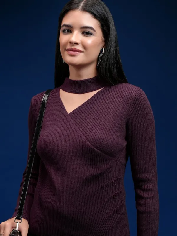Tokyo Talkies Women Purple Turtle Neck Pullover Sweater