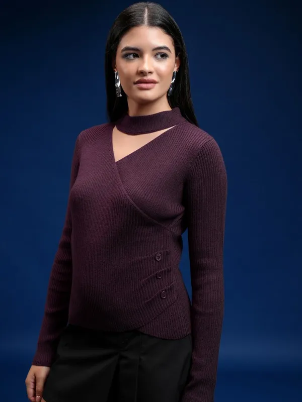 Tokyo Talkies Women Purple Turtle Neck Pullover Sweater