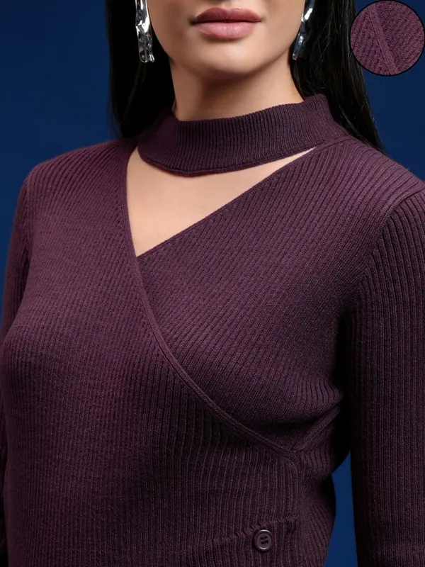 Tokyo Talkies Women Purple Turtle Neck Pullover Sweater