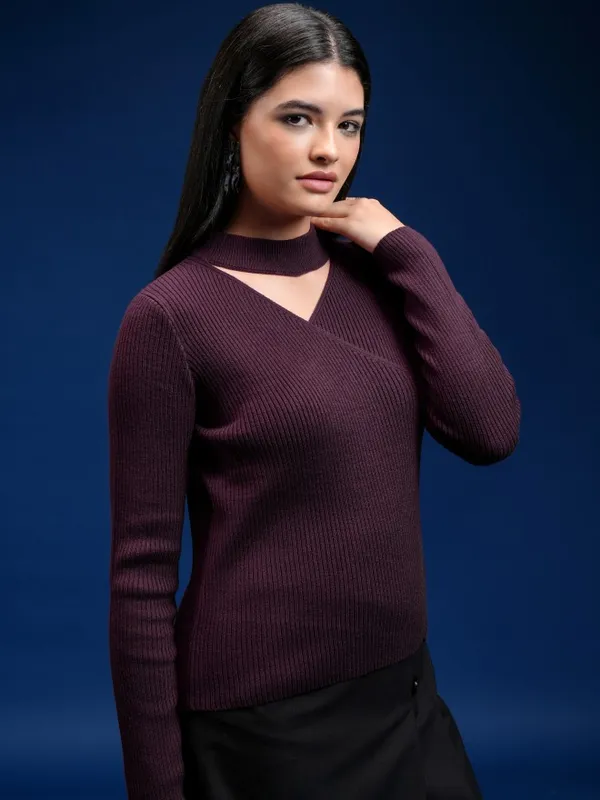 Tokyo Talkies Women Purple Turtle Neck Pullover Sweater
