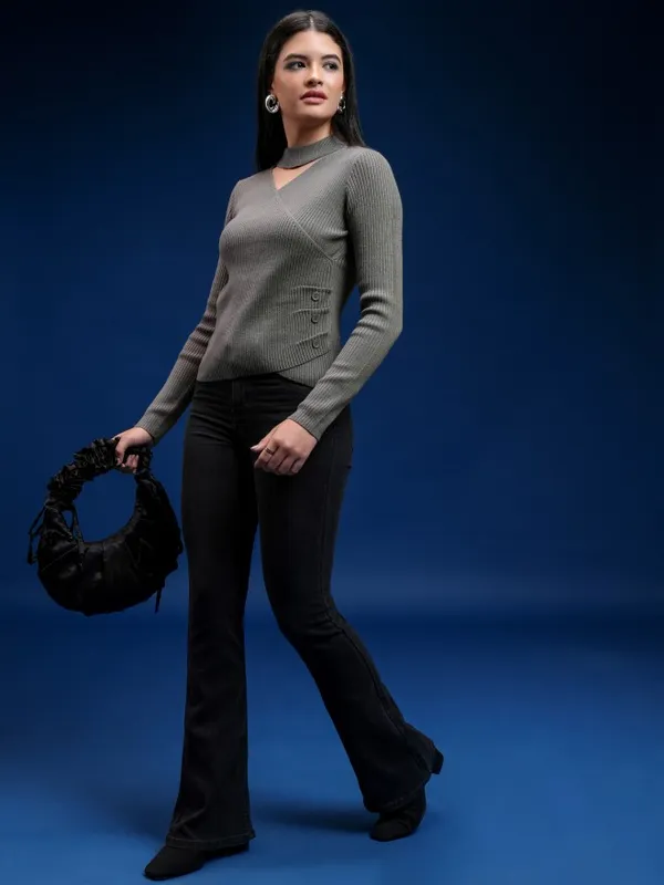 Tokyo Talkies Women Grey Turtle Neck Pullover Sweater