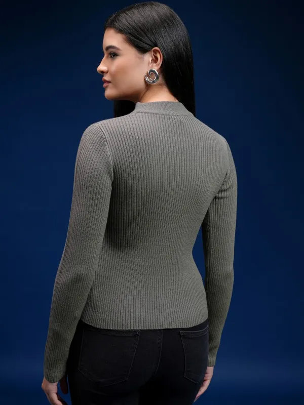 Tokyo Talkies Women Grey Turtle Neck Pullover Sweater