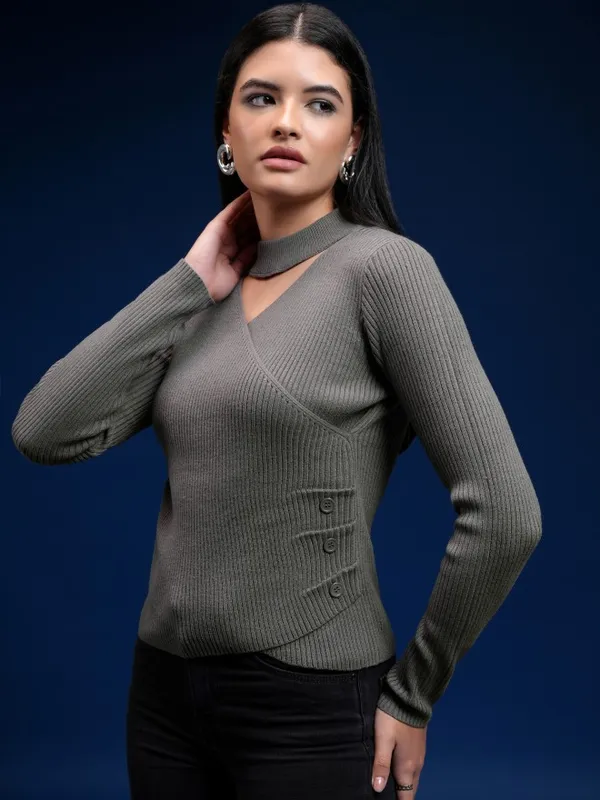 Tokyo Talkies Women Grey Turtle Neck Pullover Sweater