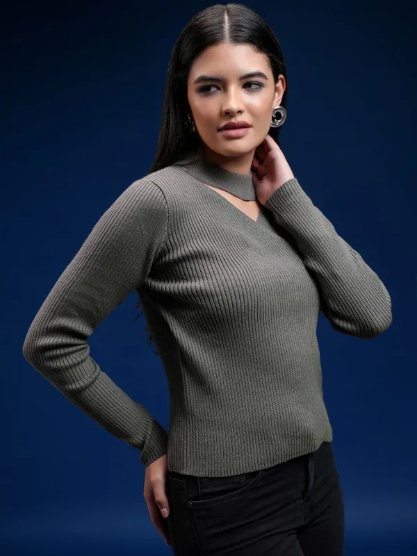 Tokyo Talkies Women Grey Turtle Neck Pullover Sweater
