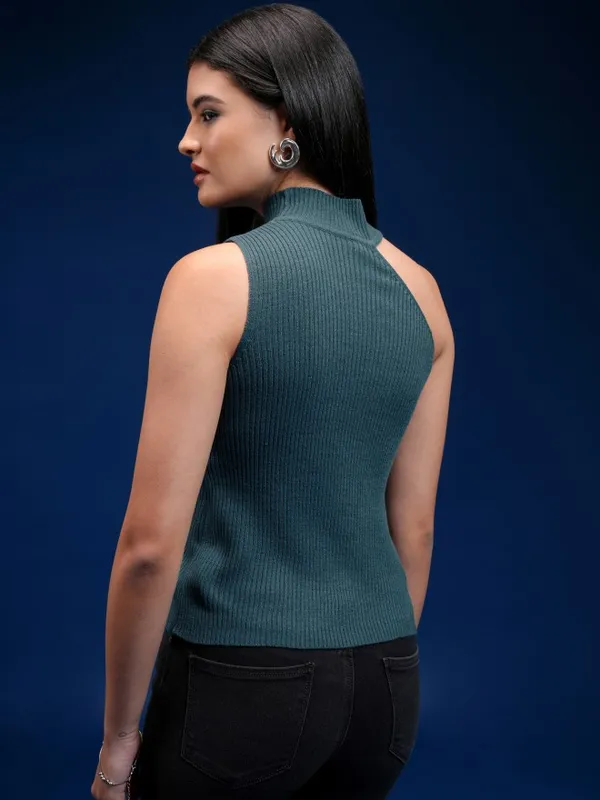 Tokyo Talkies Women Teal Turtle Neck Sweater