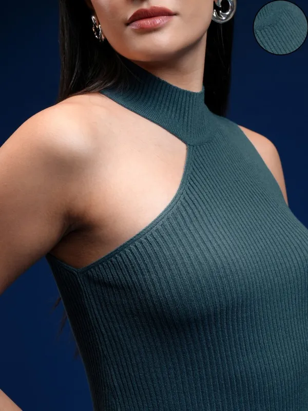 Tokyo Talkies Women Teal Turtle Neck Sweater