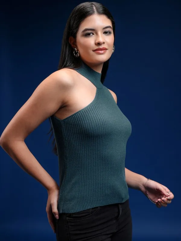 Tokyo Talkies Women Teal Turtle Neck Sweater