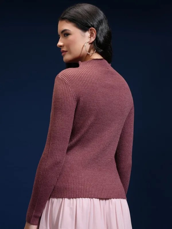 Tokyo Talkies Women Beige Mock Collar Sweater