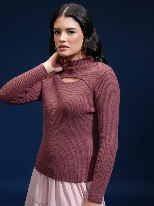 Tokyo Talkies Women Beige Mock Collar Sweater