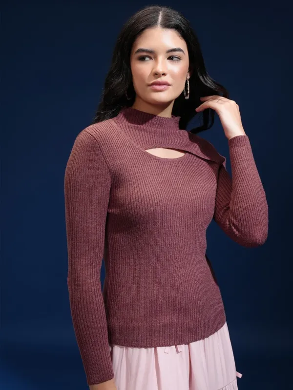 Tokyo Talkies Women Beige Mock Collar Sweater