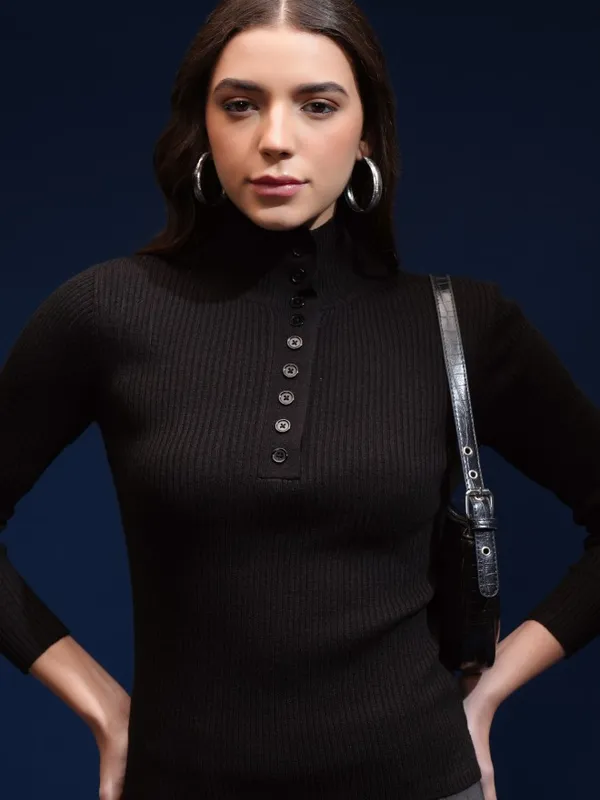 Tokyo Talkies Women Black Mock Collar Sweater