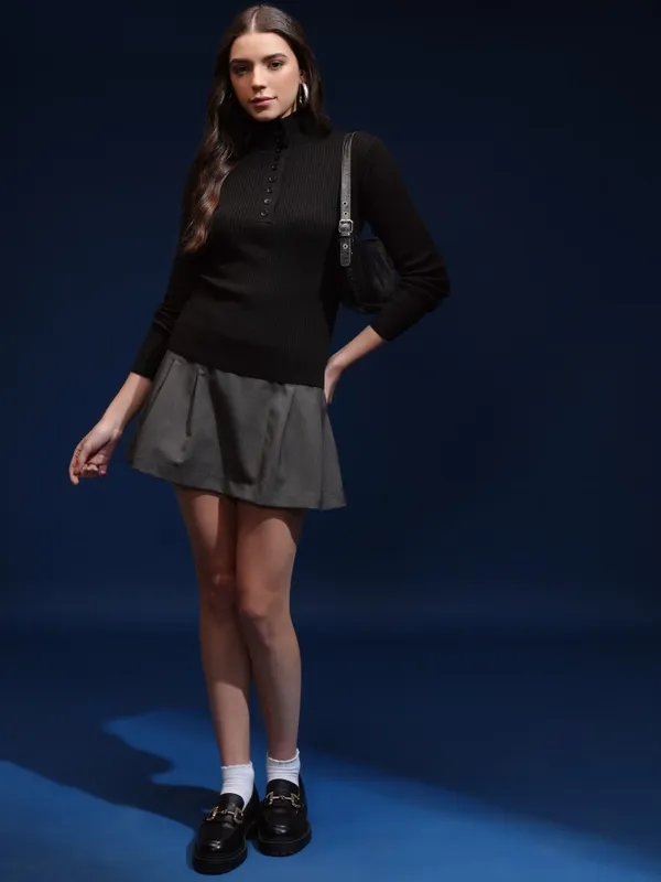 Tokyo Talkies Women Black Mock Collar Sweater