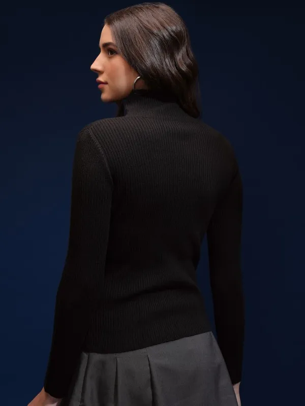 Tokyo Talkies Women Black Mock Collar Sweater