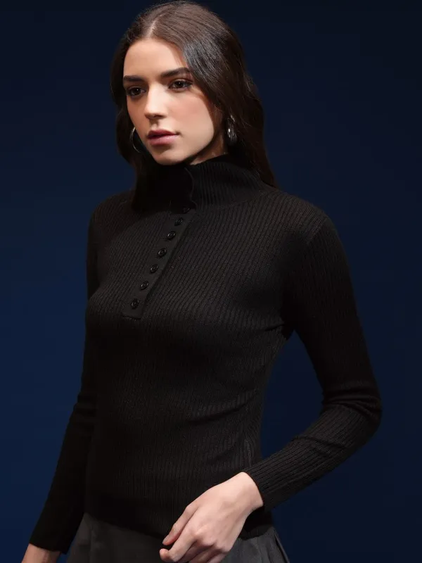 Tokyo Talkies Women Black Mock Collar Sweater