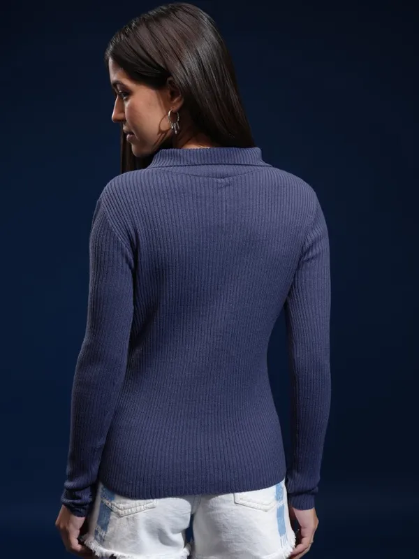 Tokyo Talkies Women Blue Mock Collar Sweater