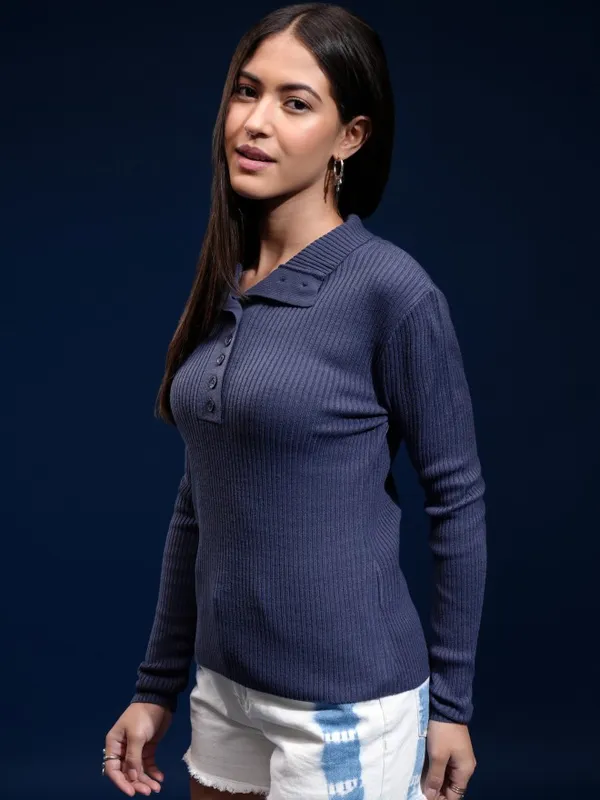 Tokyo Talkies Women Blue Mock Collar Sweater