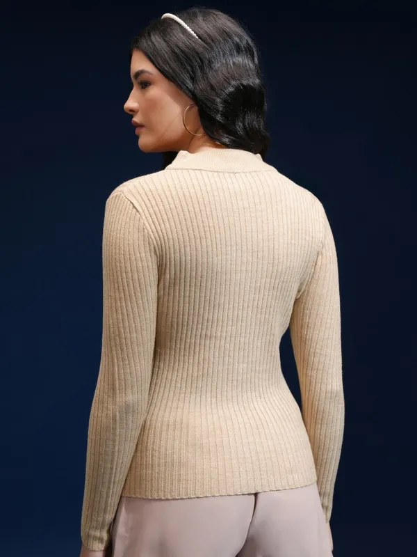 Tokyo Talkies Women Beige Turtle Neck Sweater