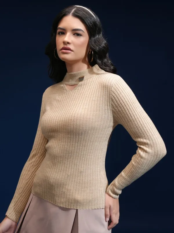 Tokyo Talkies Women Beige Turtle Neck Sweater