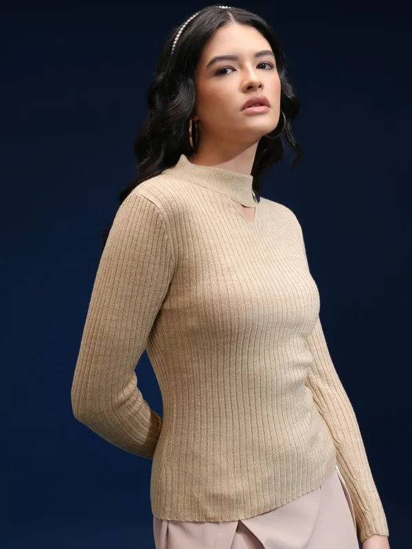 Tokyo Talkies Women Beige Turtle Neck Sweater