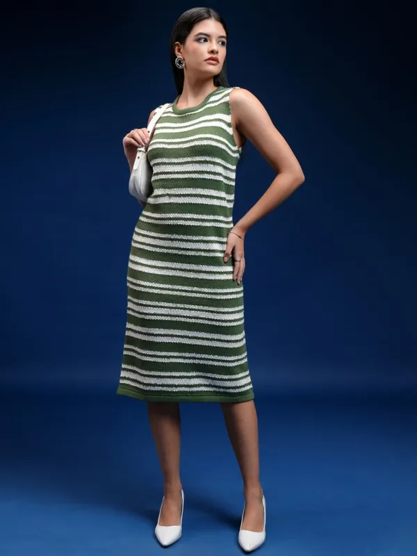 Tokyo Talkies Women Green Striped Sheath Dress