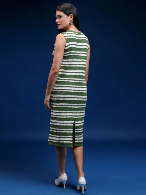 Tokyo Talkies Women Green Striped Sheath Dress