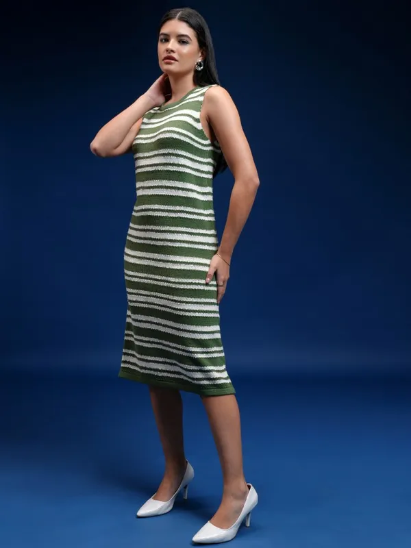 Tokyo Talkies Women Green Striped Sheath Dress