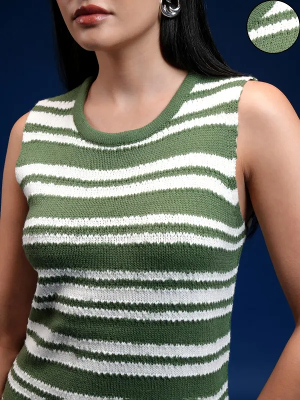 Tokyo Talkies Women Green Striped Sheath Dress