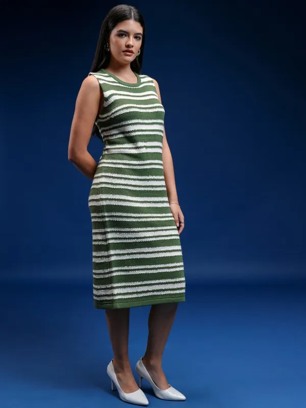 Tokyo Talkies Women Green Striped Sheath Dress