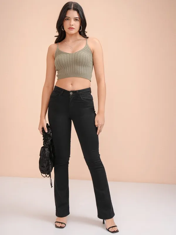 Tokyo Talkies Women Olive V-Neck Pullover Sweater