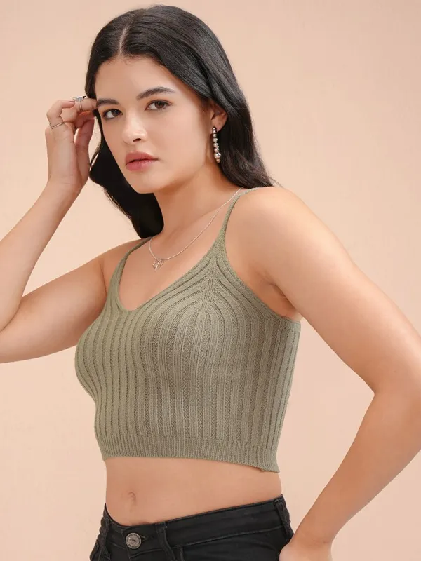 Tokyo Talkies Women Olive V-Neck Pullover Sweater
