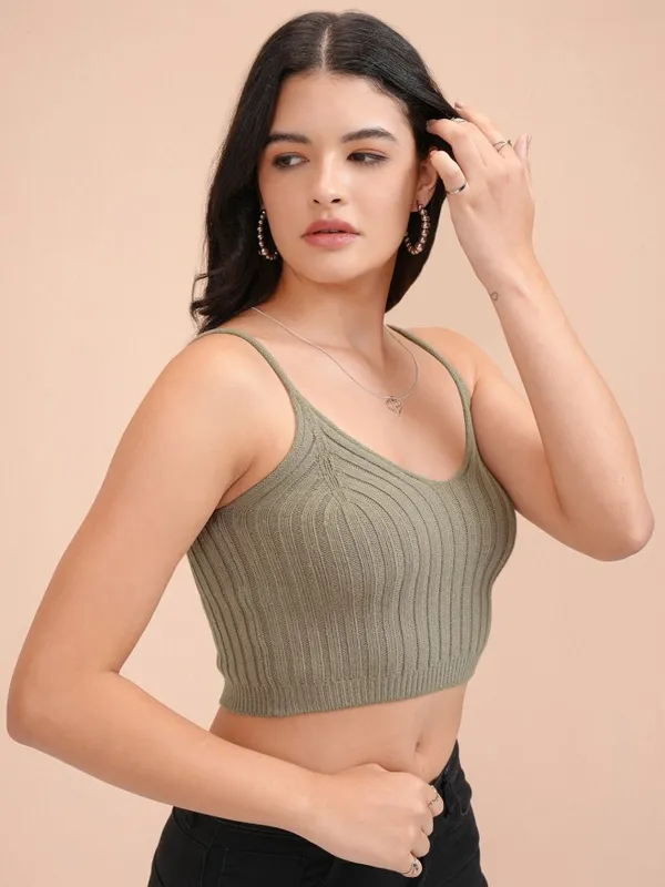 Tokyo Talkies Women Olive V-Neck Pullover Sweater