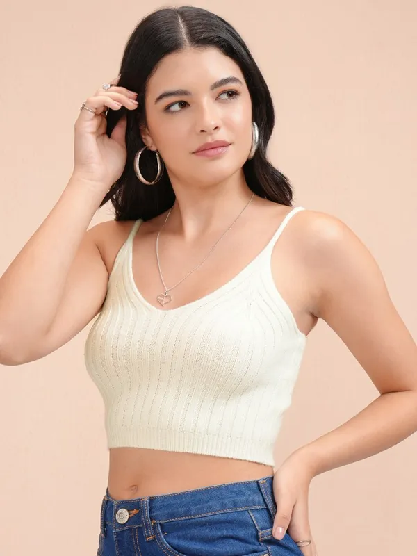 Tokyo Talkies Women White V-Neck Pullover Sweater