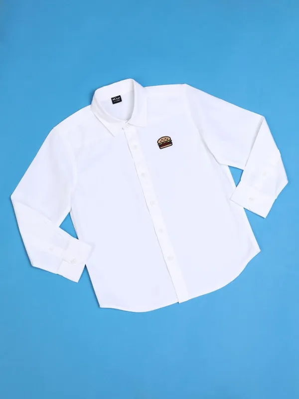Hoop Kids Boys White Self Design Slim Fit Casual Shirt